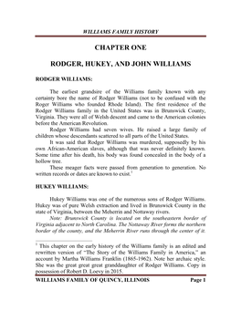 Chapter One Rodger, Hukey, and John Williams
