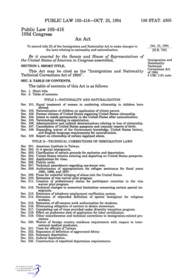 108 STAT. 4305 Public Law 103-416 103D Congress an Act to Amend Title III of the Immigration and Nationality Act to Make Changes in Oct