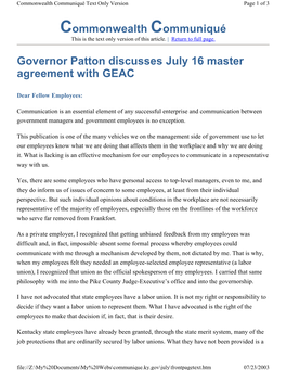Commonwealth Communiqué Governor Patton Discusses July 16 Master Agreement with GEAC