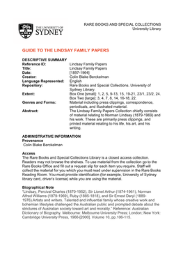 Guide to the Lindsay Family Papers