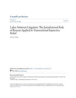 Laker Antitrust Litigation: the Urj Isdictional Rule of Reason Applied to Transnational Injunctive Relief Daryl A