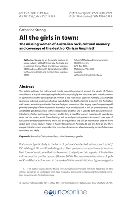 All the Girls in Town: the Missing Women of Australian Rock, Cultural Memory and Coverage of the Death of Chrissy Amphlett1