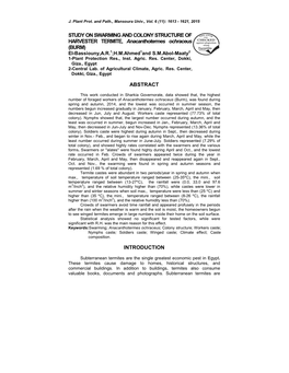 STUDY on SWARMING and COLONY STRUCTURE of HARVESTER TERMITE, Anacanthotermes Ochraceus (BURM) ABSTRACT INTRODUCTION