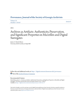 Archives As Artifacts: Authenticity, Preservation, and Significant Properties in Microfilm and Digital Surrogates Jamie A