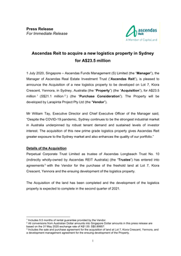 Ascendas Reit to Acquire a New Logistics Property in Sydney for A$23.5 Million