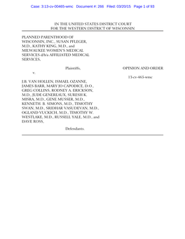 3:13-Cv-00465-Wmc Document #: 266 Filed: 03/20/15 Page 1 of 93