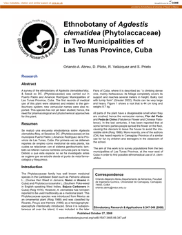 Ethnobotany of Agdestis Clematidea (Phytolaccaceae) in Two Municipalities of Las Tunas Province, Cuba