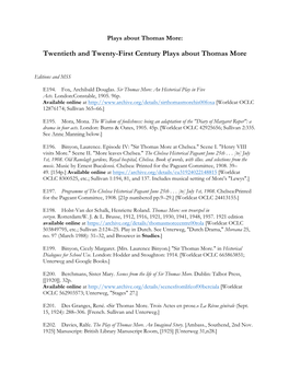 Twentieth and Twenty-First Century Plays About Thomas More