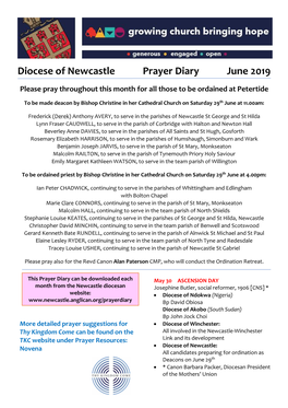 Diocese of Newcastle Prayer Diary June 2019