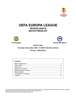 Uefa Europa League Season 2009/10 Match Press Kit