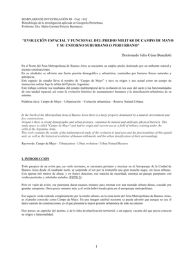 Evolución Espacial Y Funcional Del Predio Militar De Campo De Mayo Y Su Entorno Suburbano O Periurbano”