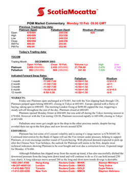 PGM Market Commentary Monday 10 Feb 09.00