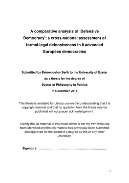 Defensive Democracy': a Cross-National Assessment of Formal-Legal Defensiveness in 8 Advanced European Democracies