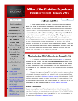 Office of the First-Year Experience Parent Newsletter - January 2016