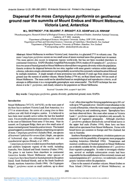 Dispersal of the Moss Campylopus Pyriformis on Geothermal Ground Near the Summits of Mount Erebus and Mount Melbourne, Victoria Land, Antarctica