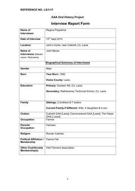 GAA Oral History Project Interview Report Form