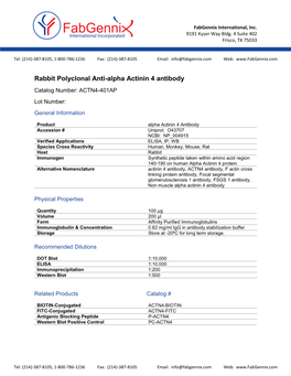 Alpha Actinin 4 Antibody Catalog Number: ACTN4-401AP Lot Number: General Information