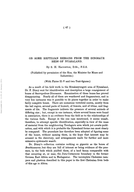 ( 67 ) on SOME REPTILIAN REMAINS from the DINOSAUR BEDS of NYASALAND. by S. H. HAUGHTON, D.Sc., F.G.S. (Published by Permission