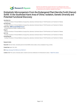 Endophytic Microorganism from the Endangered Plant Nervilia Fordii (Hance) Schltr