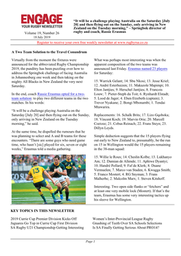 Volume 19, Number 26 Rugby and Coach, Rassie Erasmus 18 July 2019 Register to Receive Your Own Free Weekly Newsletter At