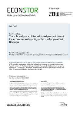 The Role and Place of the Individual Peasant Farms in the Economic Sustenability of the Rural Population in Romania