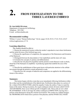 2. from Fertilization to the Three Layered Embryo