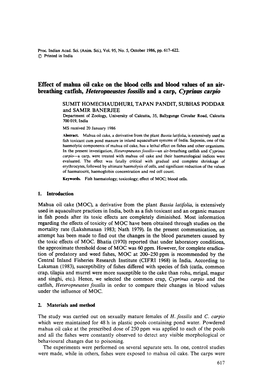 Effect of Mahua Oil Cake on the Blood Cells and Blood Values of an Air­ Breathing Catfish, Heteropneustes Fossijis and a Carp, Cyprinus Carpio