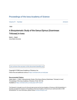 A Biosystematic Study of the Genus Elymus (Gramineae: Triticeae) in Iowa