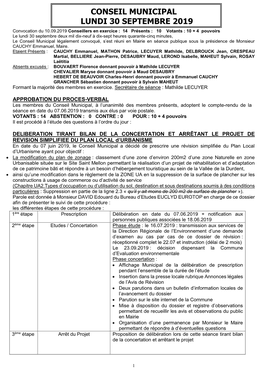 Conseil Municipal Lundi 30 Septembre 2019