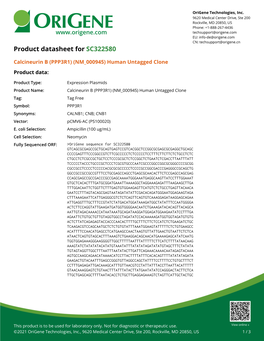 (PPP3R1) (NM 000945) Human Untagged Clone Product Data