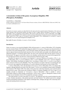 A Taxonomic Revision of the Genus Arcynopteryx Klapálek, 1904 (Plecoptera, Perlodidae)