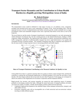 Transport Sector Dynamics and Its Contribution to Urban Health Burden in a Rapidly Growing Metropolitan Areas of India