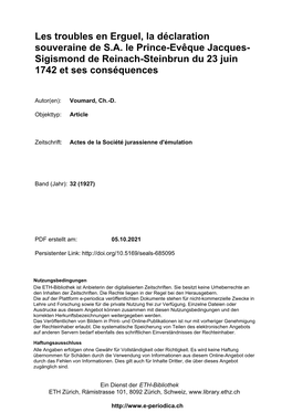 Les Troubles En Erguel, La Déclaration Souveraine De S.A. Le Prince-Evêque Jacques- Sigismond De Reinach-Steinbrun Du 23 Juin 1742 Et Ses Conséquences