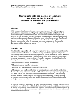 The Trouble with Eco-Politics of Localism: Too Close to the Far Right? Debates on Ecology and Globalization Mi Park