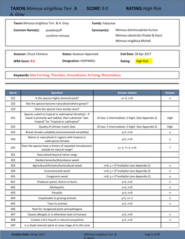 TAXON:Mimosa Strigillosa Torr. & A. Gray SCORE:9.0 RATING:High Risk