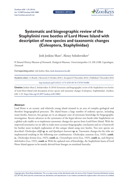 ﻿Systematic and Biogeographic Review of the Staphylinini Rove Beetles of Lord Howe Island with Description of New Species