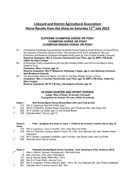 Liskeard and District Agricultural Association Horse Results from the Show on Saturday 11Th July 2015