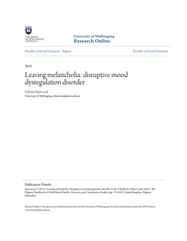 Disruptive Mood Dysregulation Disorder Valerie Harwood University of Wollongong, Vharwood@Uow.Edu.Au