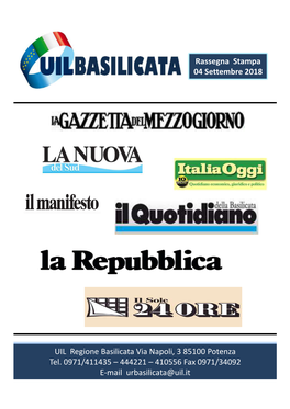 UIL Regione Basilicata Via Napoli, 3 85100 Potenza Tel. 0971/411435 – 444221 – 410556 Fax 0971/34092 E-Mail Urbasilicata@Uil.It 1998 23 Giug N O 2018