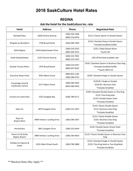 2018 Saskculture Hotel Rates