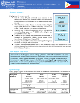 Philippines Coronavirus Disease 2019 (COVID-19) Situation Report #74 1212 April 2021 Data Reported by the Department of Health on 12 April 2021