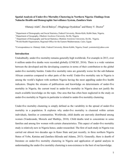 Spatial Analysis of Under-Five Mortality Clustering in Northern Nigeria: Findings from Nahuche Health and Demographic Surveillance System, Zamfara State