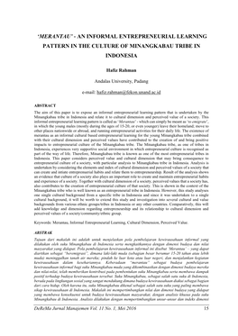 An Informal Entrepreneurial Learning Pattern in the Culture of Minangkabau Tribe in Indonesia