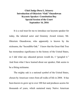 “Oak” Onaodowan Keynote Speaker: Constitution Day Special Session of the Court September 16, 2016