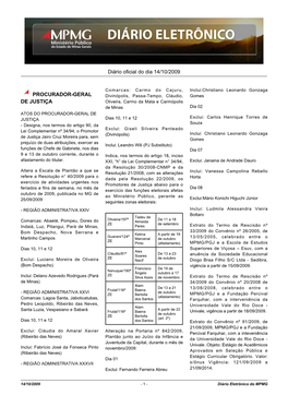 Diário Oficial Do Dia 14/10/2009 PROCURADOR-GERAL DE JUSTIÇA