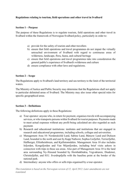 Regulations Relating to Tourism, Field Operations and Other Travel in Svalbard