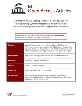 Formation of Alternating Trans-A-Alt-B Copolymers Through Ring-Opening Metathesis Polymerization Initiated by Molybdenum Imido Alkylidene Complexes