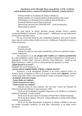 Alocuġiunea Acad. Gheorghe Duca, Preúedintele A.Ù.M., Rostită În Cadrul Ùedinġei Festive, Consacrată Sărbătorii Naġionale „Limba Noastră”