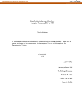 Black Politics in the Age of Jim Crow Memphis, Tennessee, 1865 to 1954