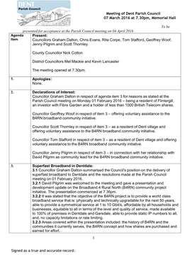 Meeting of Dent Parish Council 07 March 2016 at 7.30Pm, Memorial Hall